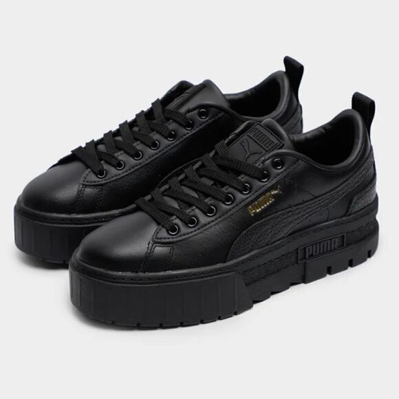 PUMA Mayze Classic Black Leather Platform Sneakers - Picture 1 of 14